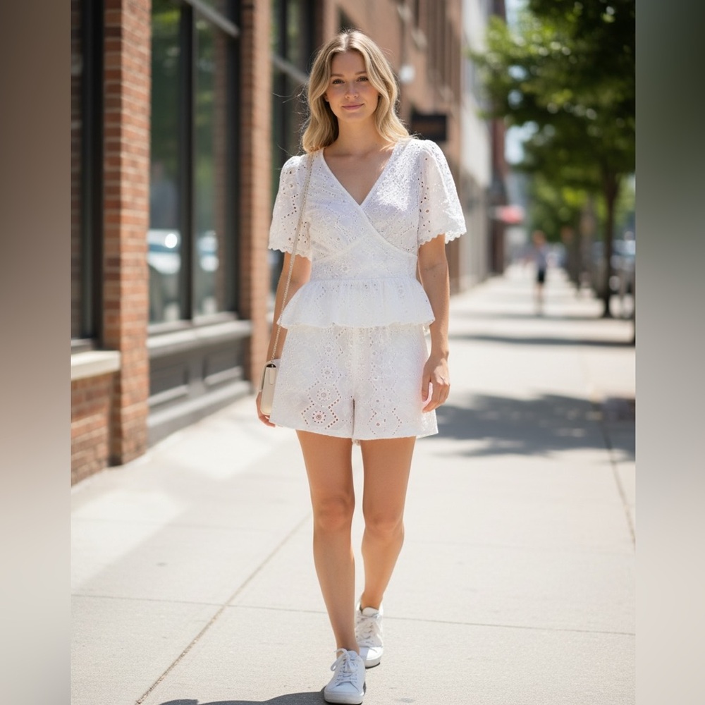 Beso Del Sol White Eyelet Two-Piece Top and Shorts Set